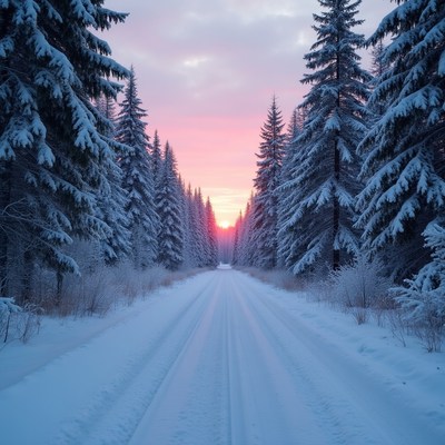 Snowy Forest Road at Sunset