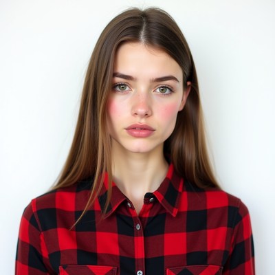 Young woman in red black plaid shirt