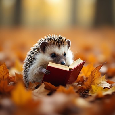 Hedgehog reading book in autumn leaves