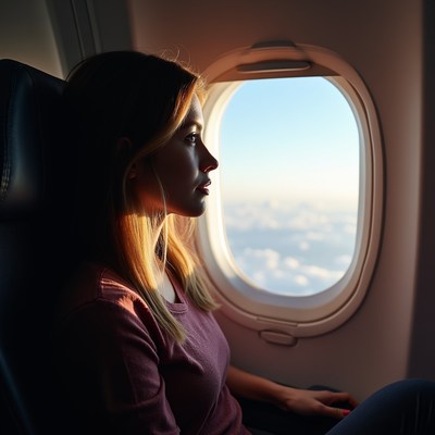 Woman looking out airplane window