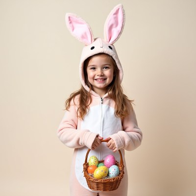 Girl in bunny costume holding Easter eggs