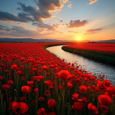 Red Poppy Field with Winding River Sunset