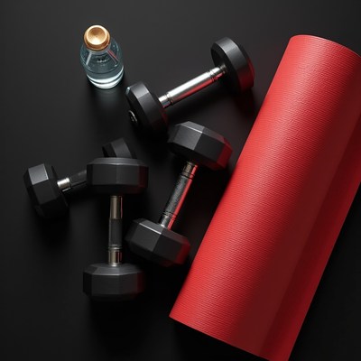 Dumbbells, Water Bottle, Red Yoga Mat