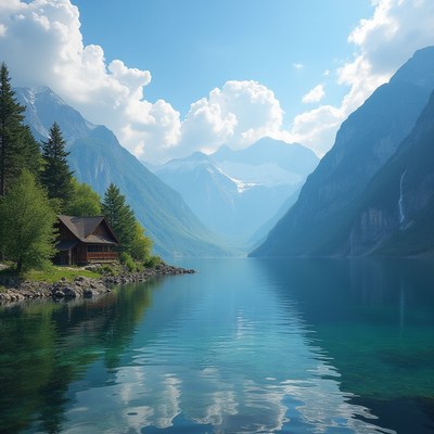 Wooden Cabin by Mountain Lake