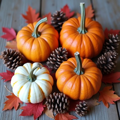 Pumpkins and Pinecones on Autumn Leaves