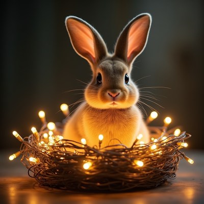 Cute bunny in nest with fairy lights