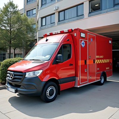 Red Mercedes Ambulance Parked Outside Hospital