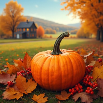 Pumpkin with autumn leaves and berries