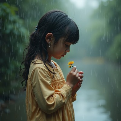 Asian girl holding dandelion in rain