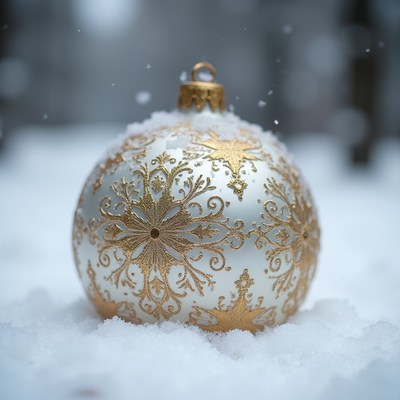 Gold Snowflake Christmas Ornament in Snow