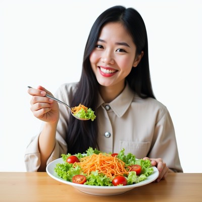 Asian woman eating salad