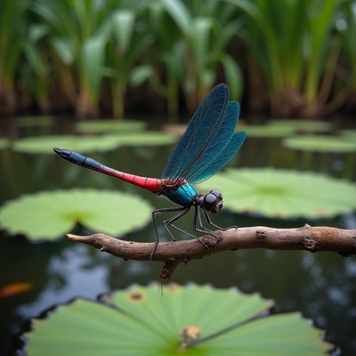 Red Dragonfly on Branch with Lily Pads
