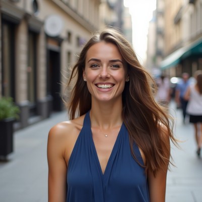 Smiling woman in blue dress on street