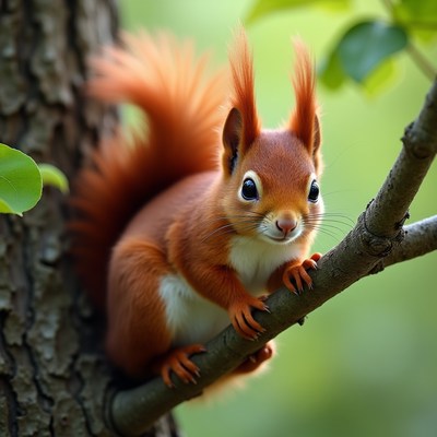 Red squirrel on tree branch