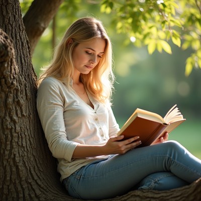 Blonde woman reading book against tree