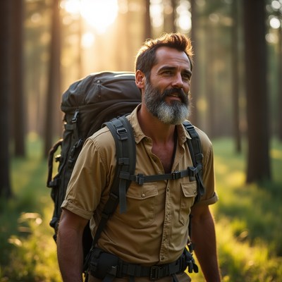 Man with backpack in forest sunset