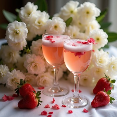 Two rose champagne glasses with strawberries