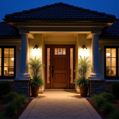 Lit Suburban House Entrance at Night
