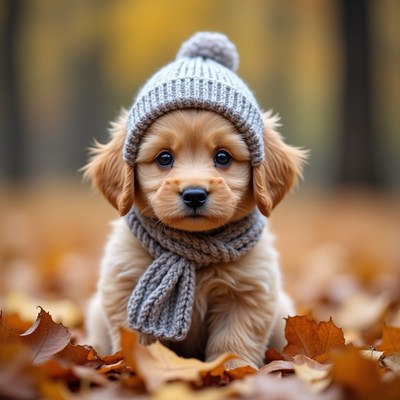 Golden Retriever Puppy in Gray Knit Hat Scarf