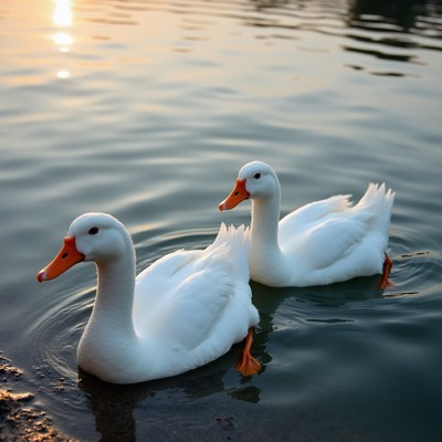 Two white ducks swimming in sunset lake