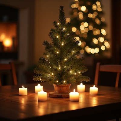 Small lit Christmas tree with candles