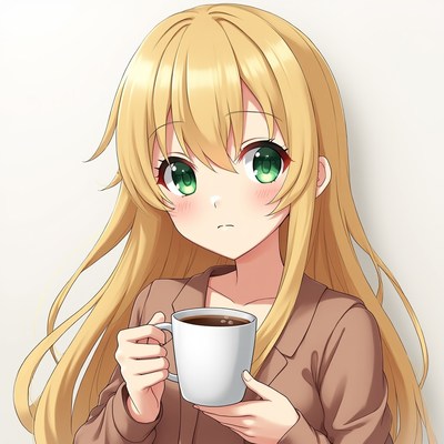 Blonde anime girl holding coffee mug