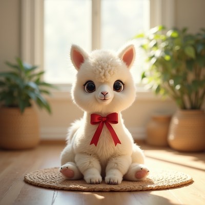 Cute white alpaca with red bow