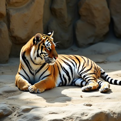 Tiger lounging on rocky ground