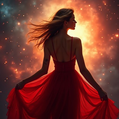 Woman in red dress with flowing hair