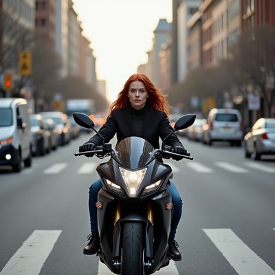 Redhead woman on motorcycle in city street