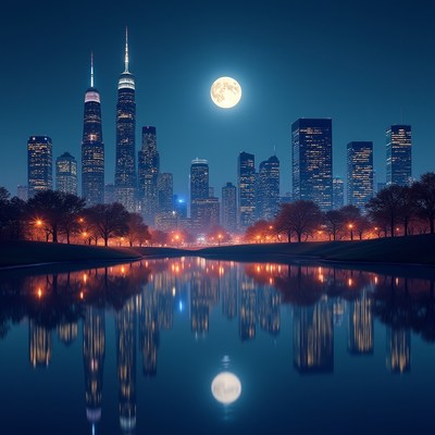 New York City Skyline Moon Reflection