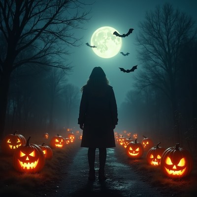 Woman walking pumpkin path under full moon