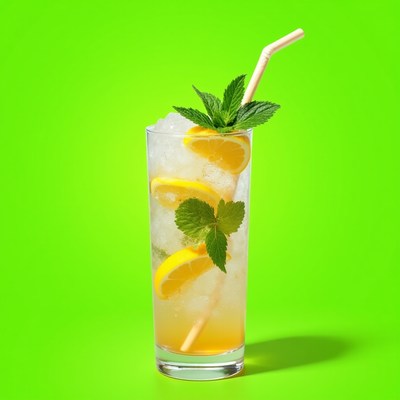 Lemon Mint Cocktail on Green Background