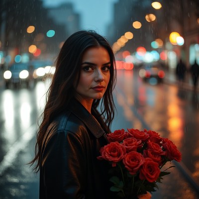 Woman holding red roses in rainy city street