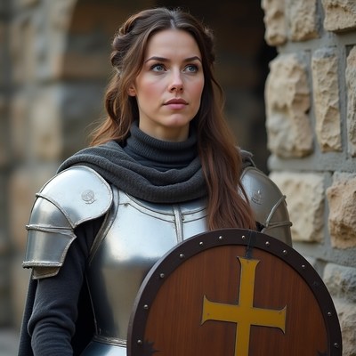 Woman in medieval armor with shield