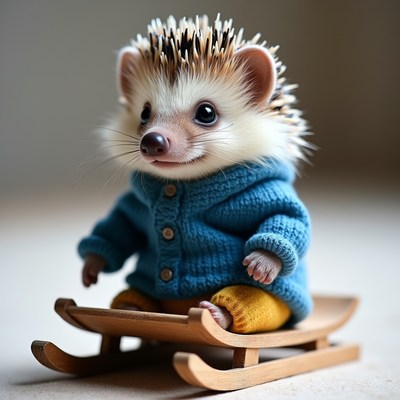 Cute hedgehog sledding in blue sweater