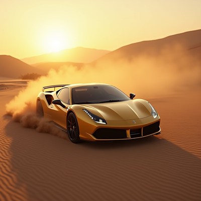 Yellow Ferrari 488 Driving in Desert Sunset