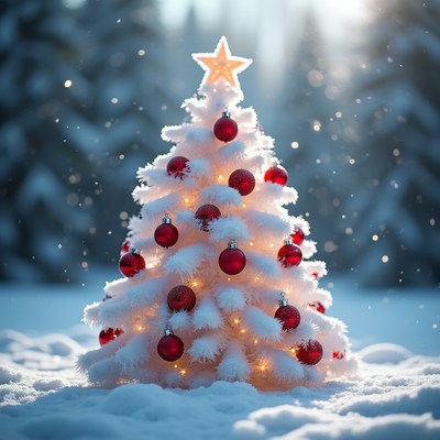 White Christmas Tree with Red Ornaments in Snow