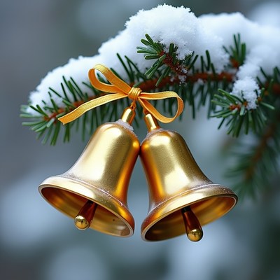 Golden Christmas bells on snowy pine branch