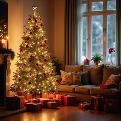Lit Christmas Tree with Gifts