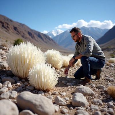 Man examining white cactus plants
