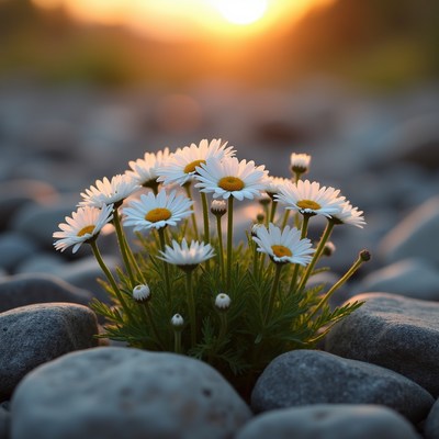 Daisies Growing Among Rocks at Sunset