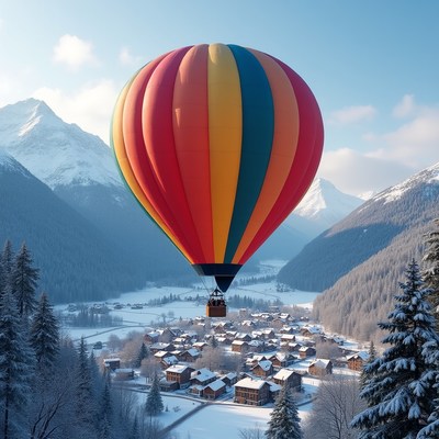 Colorful Hot Air Balloon Over Snowy Mountains