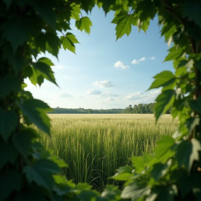 Golden Wheat Field Framed by Green Leaves