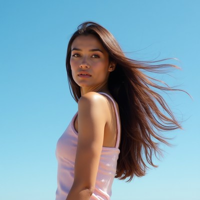 Asian woman with flowing hair against blue sky