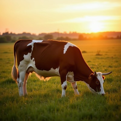 Holstein cow grazing at sunset