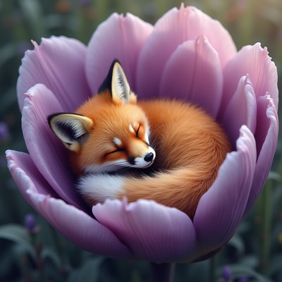 Sleeping Fox in Pink Tulip