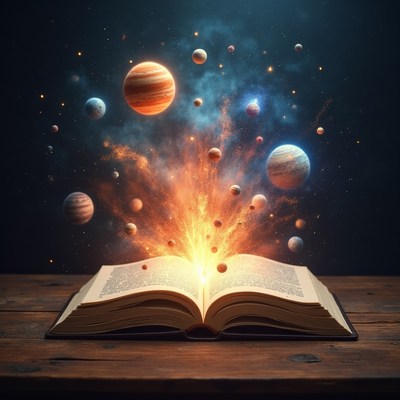 Open book releasing planets and stars