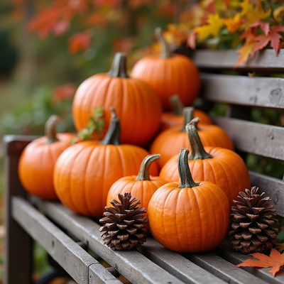 Pumpkins and Pinecones on Bench