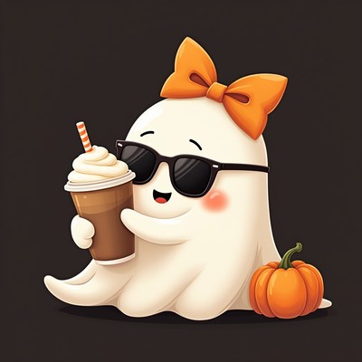 Cute ghost drinking iced coffee